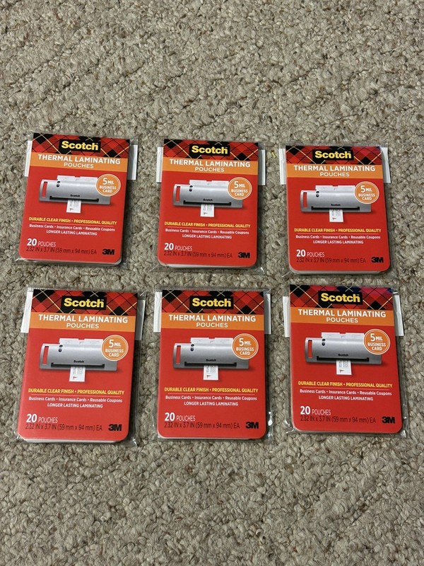 Scotch Thermal Laminating Pouches 3M Business Card -6 Pack-total 120 pouches
