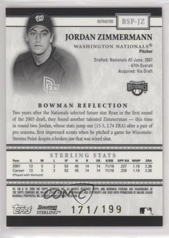 2008 Bowman Sterling Prospects Refractor /199 Jordan Zimmermann #BSP-JZ - Image 2 of 2