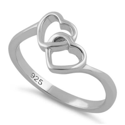 Double Heart Interlink Ring 925 Sterling Silver Dainty Promise Band Love Jewelry