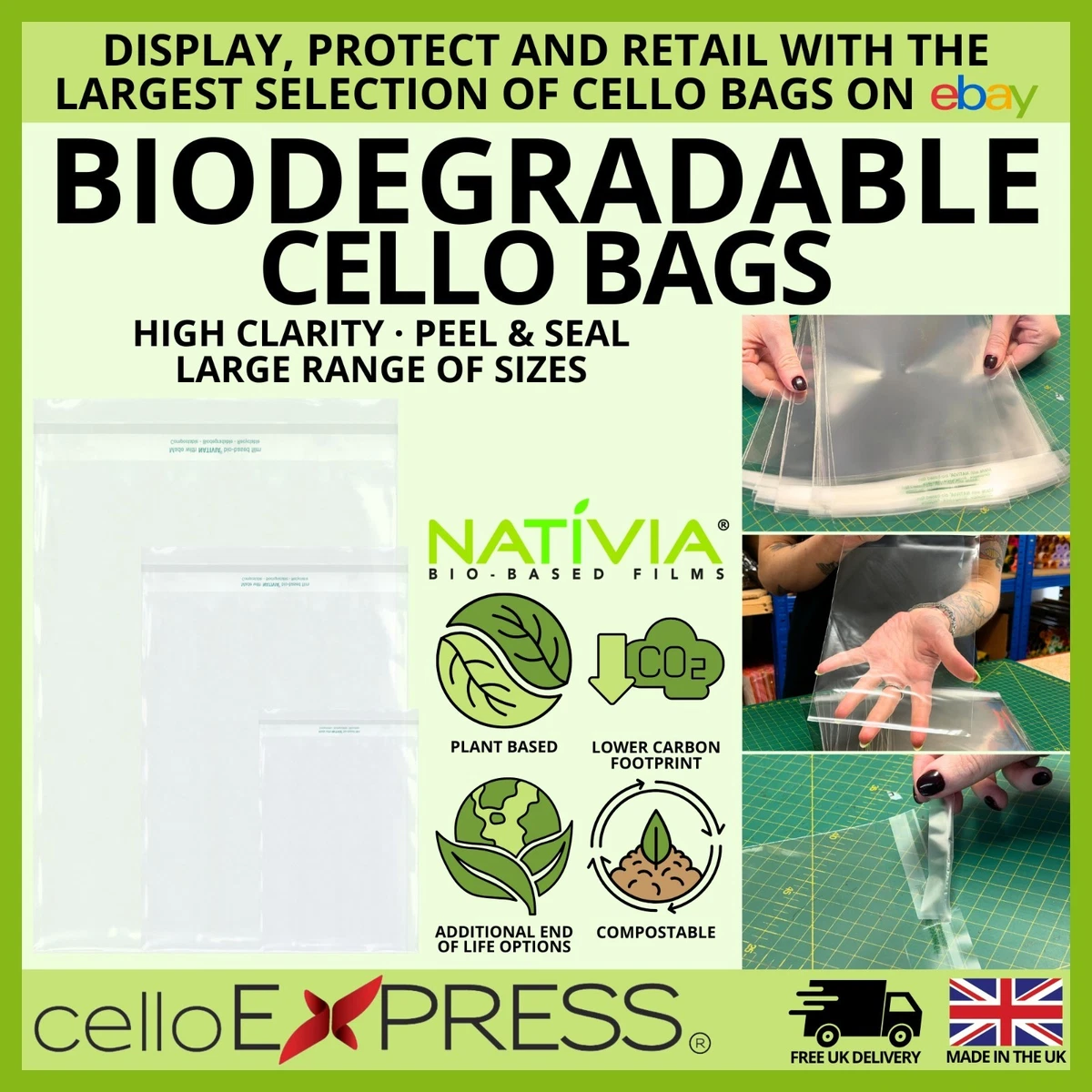 Bolsas para violonchelo biodegradables tarjetas y fotos transparentes auto selladas ✅ Bolsas de exhibición de celofán