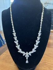 Women Gold Tone Leaf Drop Necklace Wedding Zirconia