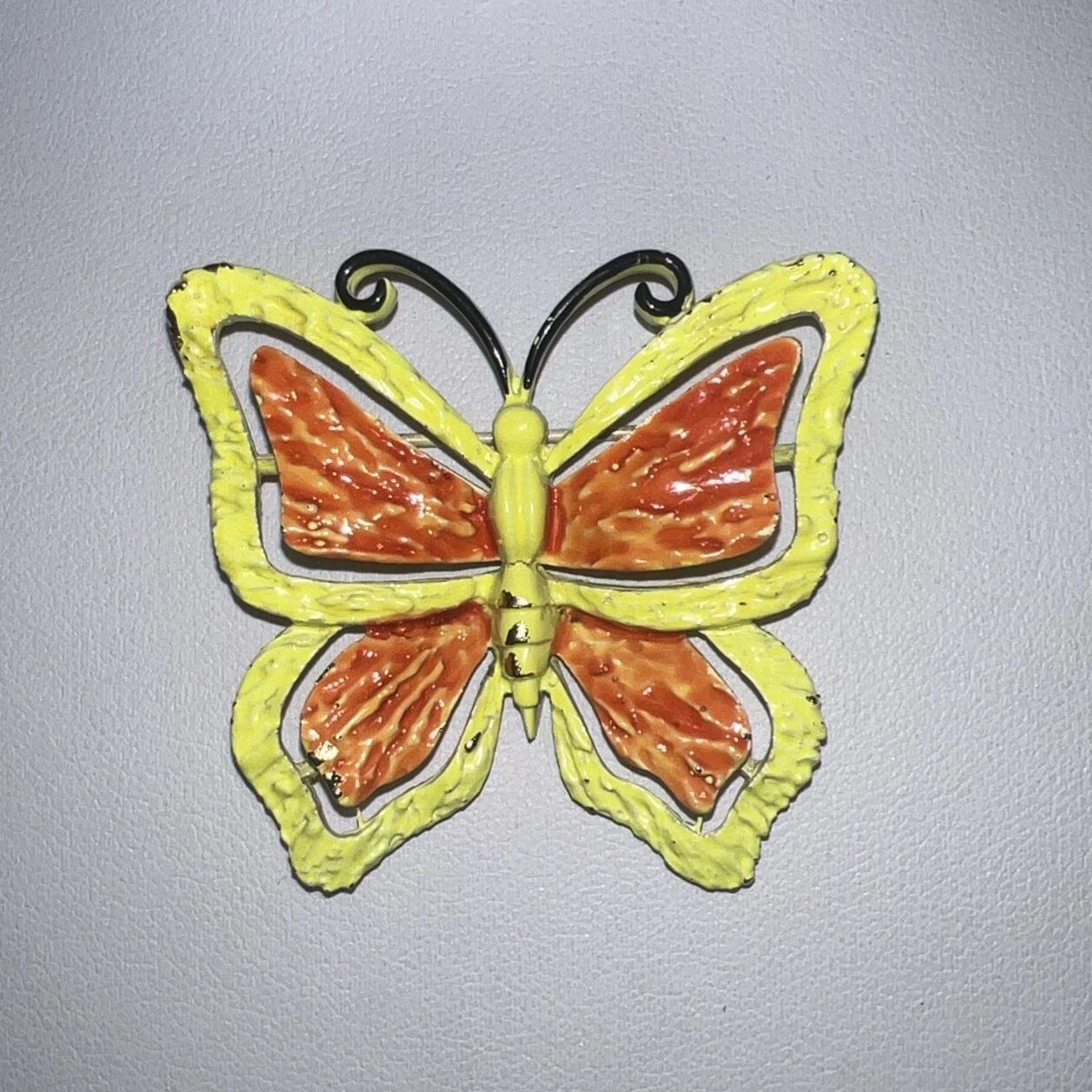 Vtg Signed JJ Neon Orange Yelow Wings Butterfly Beautiful Enamel Pin Brooch C44