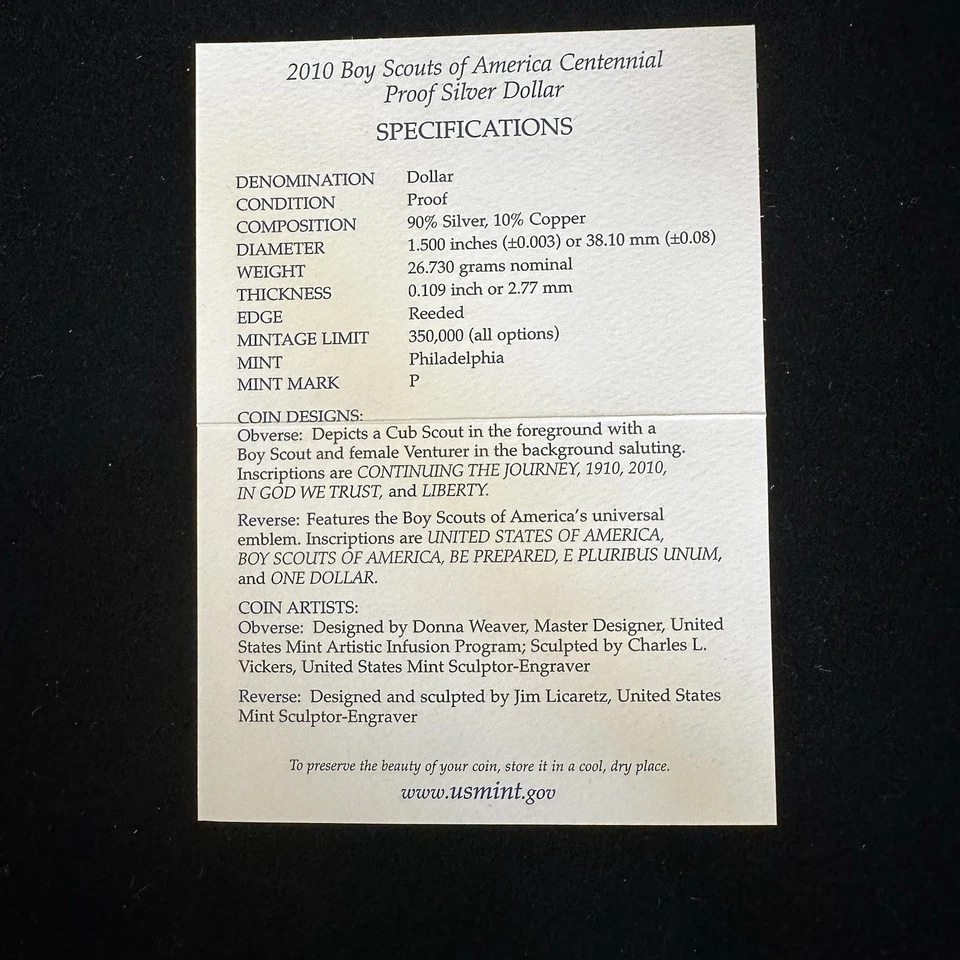 2010 - BOY SCOUTS OF AMERICA CENTENNIAL PROOF SILVER DOLLAR / SET OF 3 BOX + COA - Image 2 of 4