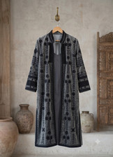 Vintage Style Grey Velvet Floral Embroidered Duster Coat Open Kimono Trench