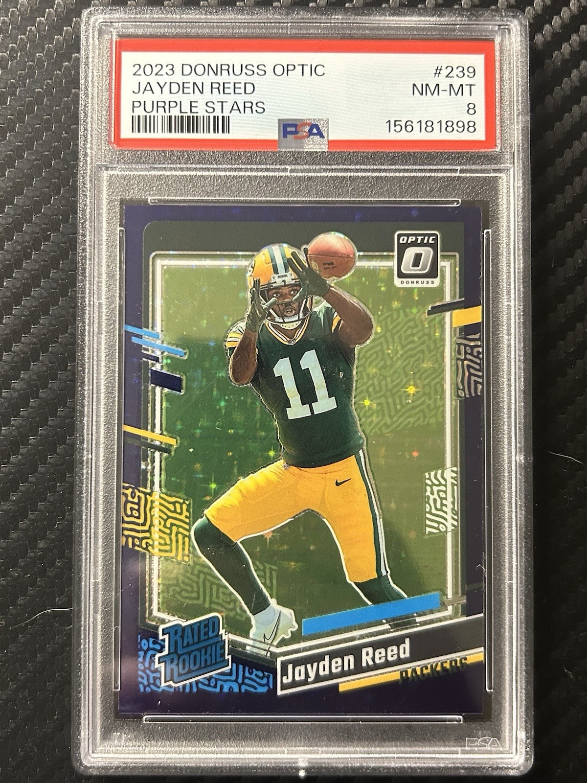 Panini 2023 Donruss Optic Jayden Reed Purple Stars #239 PSA 8 /15 (RC)