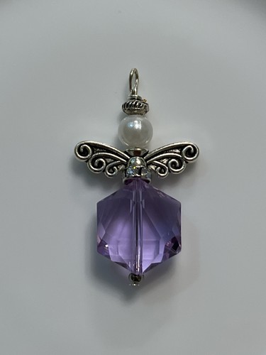 Handmade Angel Pendant Charm – Purple Faceted Glass Crystal & Faux Pearl Bead