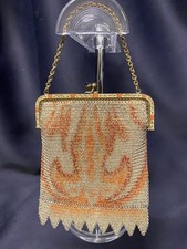 Vintage Art Nouveau Gold French Steel Micro Bead Floral 6" Fringe Purse