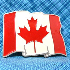 Canadian Flag Belt Buckle Red White Enamel Maple Leaf Vintage      .TWY374