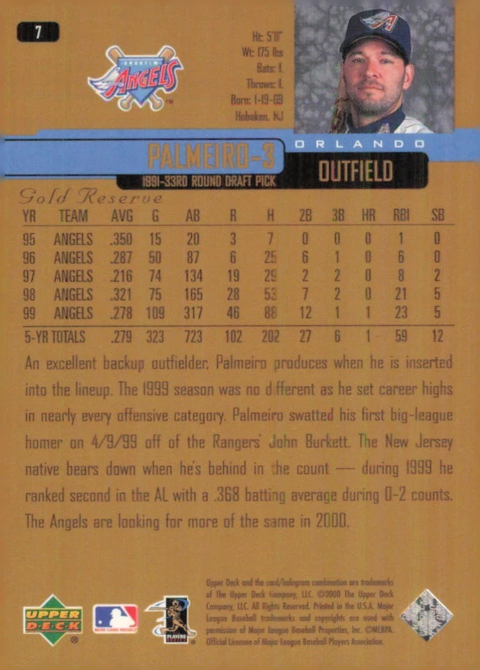2000 Upper Deck Gold Reserve #7 Orlando Palmeiro Anaheim Angels Baseball Card - Image 2 of 2