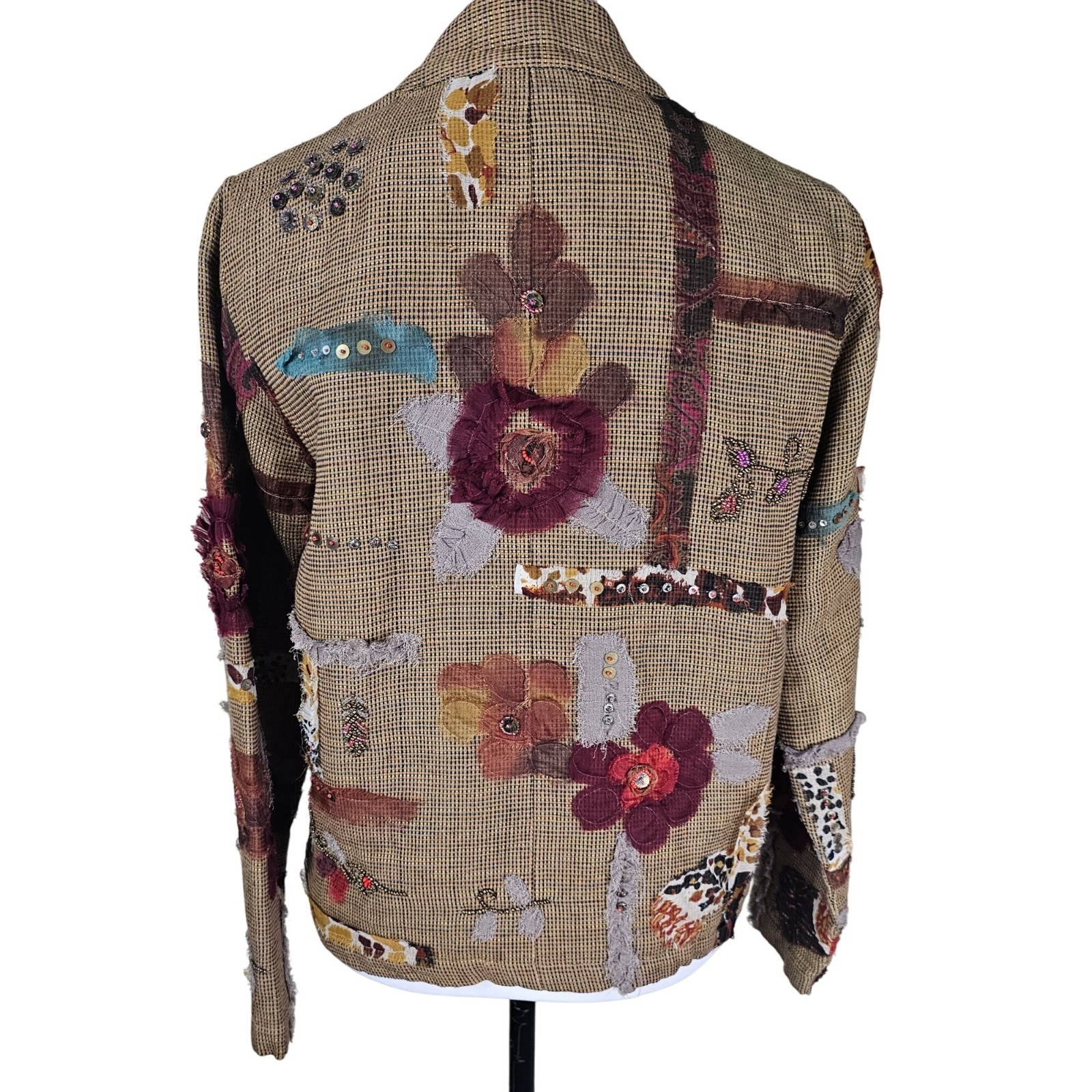 Eclectic Artsy Patchwork Full Zip Jacket S Brown … - image 3