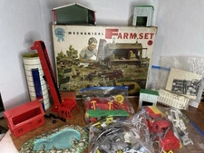 Vintage T. Cohn Mechanical Farm Set 856 Tin Toy W Box USA Play Set Blue Ribbon