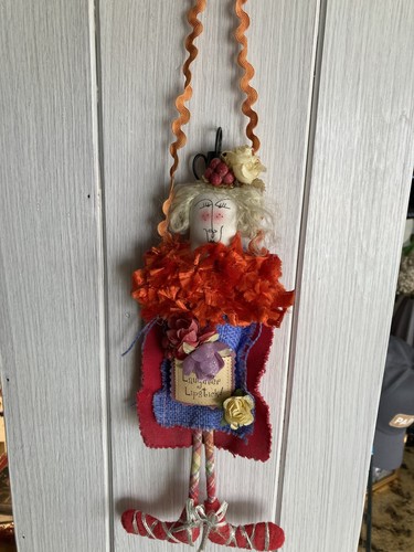 Silvestri Art 12” Tall Hanging Doll Says “Love Laughter, Lipstick” Rickrack Hang - Picture 2 of 9