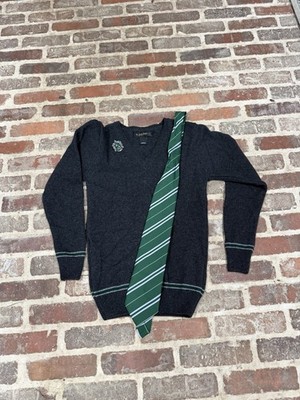 Harry Potter Slytherin Gray Green V-Neck Sweater Wizarding World W/ Tie