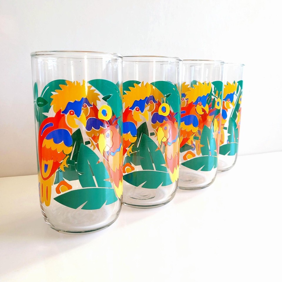 Rare Vintage Libbey Parrot Tumblers, Retro Tropical Barware, Set of 4
