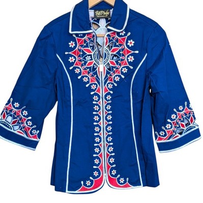 Bob Mackie Wearable Art Embroidered Blue Zip-Front Jacket XS Laser Cut Boho Arty