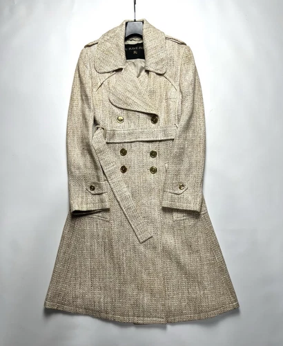 BURBERRY RARO ESCLUSIVO CAPPOTTO DONNA TWEED DOPPIOPETTO PANNA E ORO TAGLIA 40