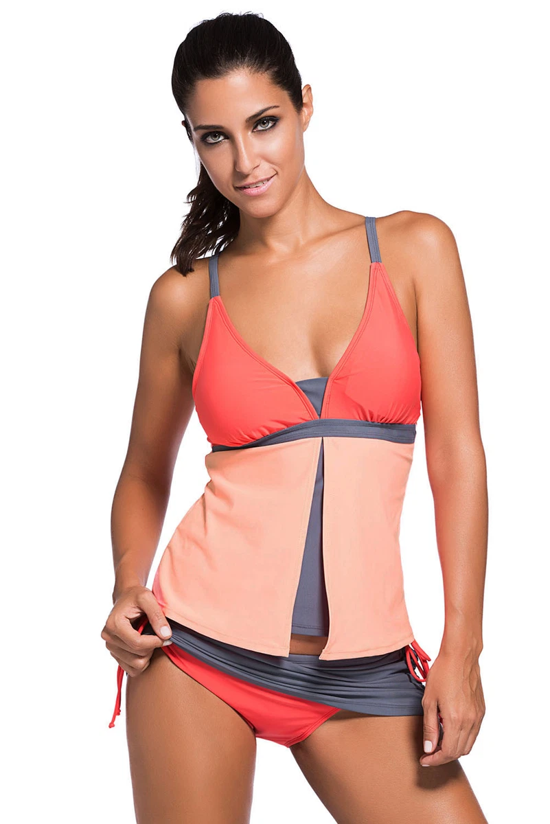Women Sexy Swimsuit Orange Pink Colorblock Tankini Skort Bottom