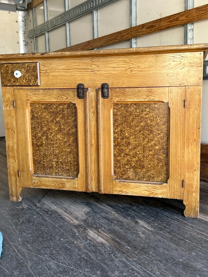 Antiguo armario lavabo seco pintado en grano arte popular primitivo años 1800 Foto 3 de 4