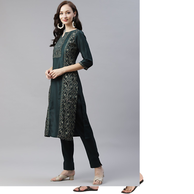 Women Green & Golden Ethnic Motifs Foil Printed Panelled Kurta with Trousers | eBay Women Green & Golden Ethnic Motifs Foil Printed Panelled Kurta with Trousers | eBay