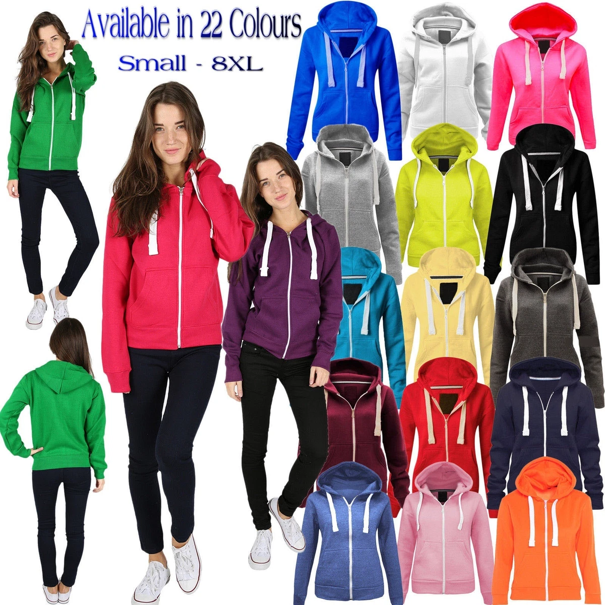 Ladies Fleece PLAIN ZIP HOODIE Plus Size Zipper Sweatshirt Jacket  Small-XXXXXXXL