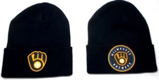 2 FOR 10.95! Milwaukee Brewers flat logos on 2 NAVY beanie  cap hat. See details