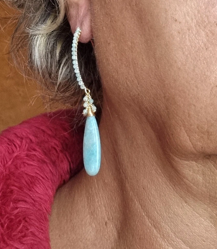 ORECCHINI A GOCCIA in amazzonite con amo in argento dorato, orecchini azzurri - Immagine 2 di 4