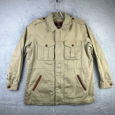 Frye Jacket Mens Large Field Full Zip Snap Olive Khaki Lined Pocket Leather Trim