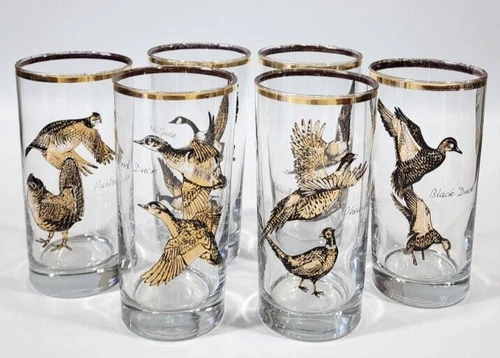 Vintage Bird Drinking Glasses Gold Goose Pheasant Duck Partridge Set of 6