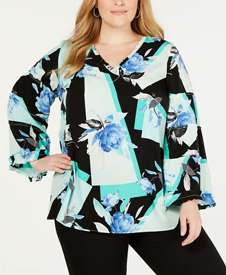 /LX013/ Alfani Plus Mixed-Print Ruffle-Trim Blouse Top Black Multi Sz 1X