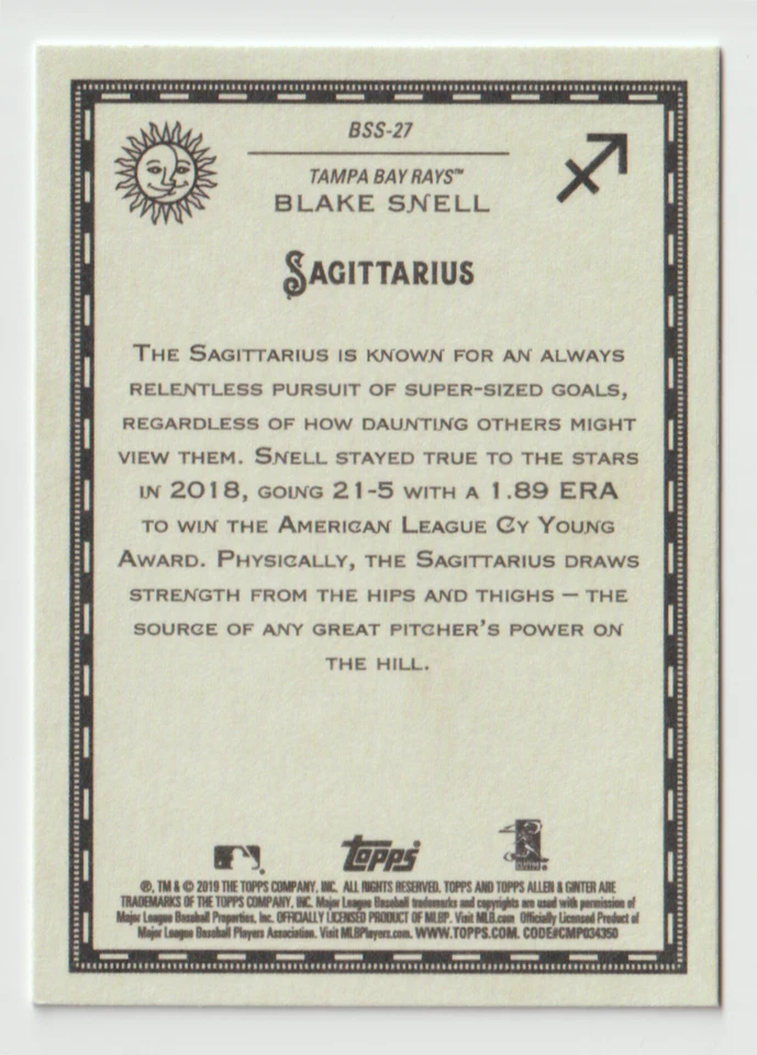 2019 Topps Allen and Ginter Baseball Star Signs #BSS27 Blake Snell - Rays - Image 2 of 2