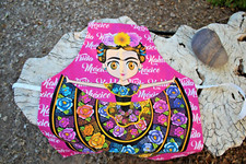 Frida Kahlo Mexican Handmade Apron w/Pocket Pink w/Multicolor Flowers "Mexico"