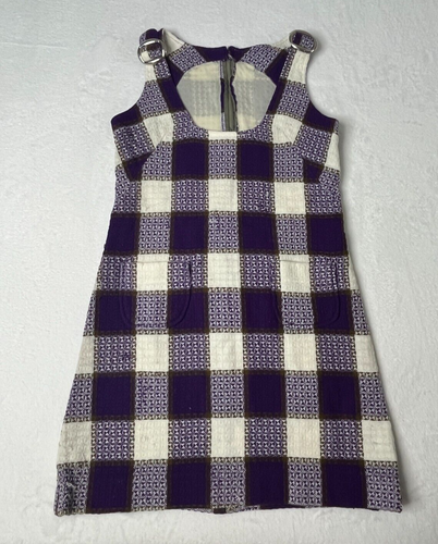 Vintage Handmade Woven Purple Cream Buffalo Check Groovy 60s Pinafore Dress