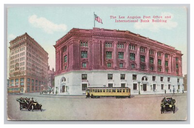 Los Angeles California Post Office International Bank Cable Car Vintage Postcard