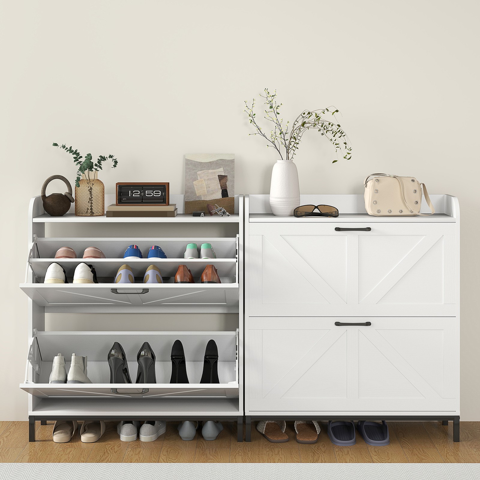 Narrow Shoe Cabinet, Farmhouse Shoe Storage Cabinet, White
