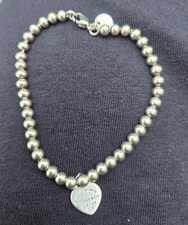 Tiffany & Co. 925 Silver Beaded Bracelet Heart Dangle Charm Tag Lobster Clasp
