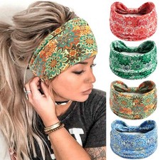 Wide Headbands Floral Printed Boho Knotted Non Slip Workout Yoga Turban 4Pcs