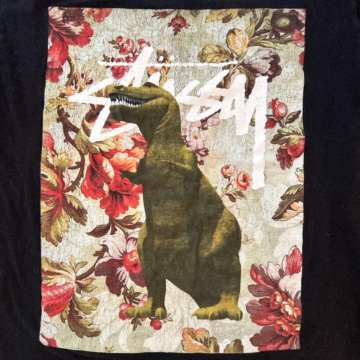Stussy 恐竜アートポスター Stussy T-Rex Floral Graphic Dino T-shirt Size Small Black Y2K