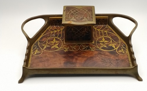 Erhard & Sohne - German Arts & Crafts Mahogany & Brass Inkwell Desk Piece c1905