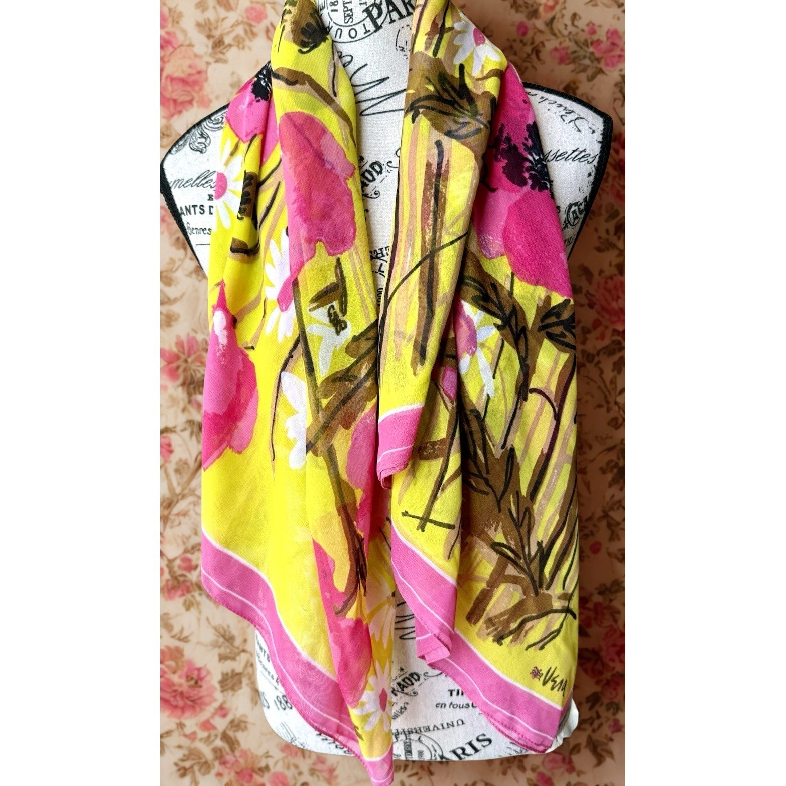 Vintage Vera Neumann large mod floral silk scarf with pink and yellow poppies and daisies