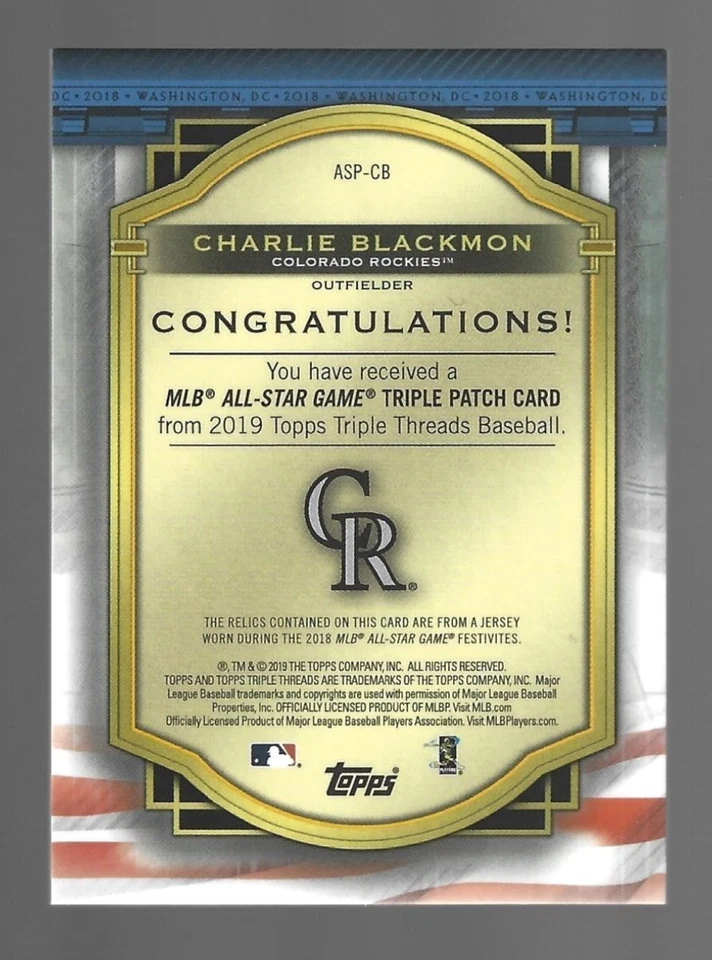 Charlie Blackmon 2019 Topps Triple Treads All Star Patches Triple Patch 2/9 💲 Foto 3 de 3