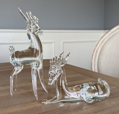 Christmas Reindeer Figurines Murano Blown Clear Glass Decor - Set of 2 - Great!