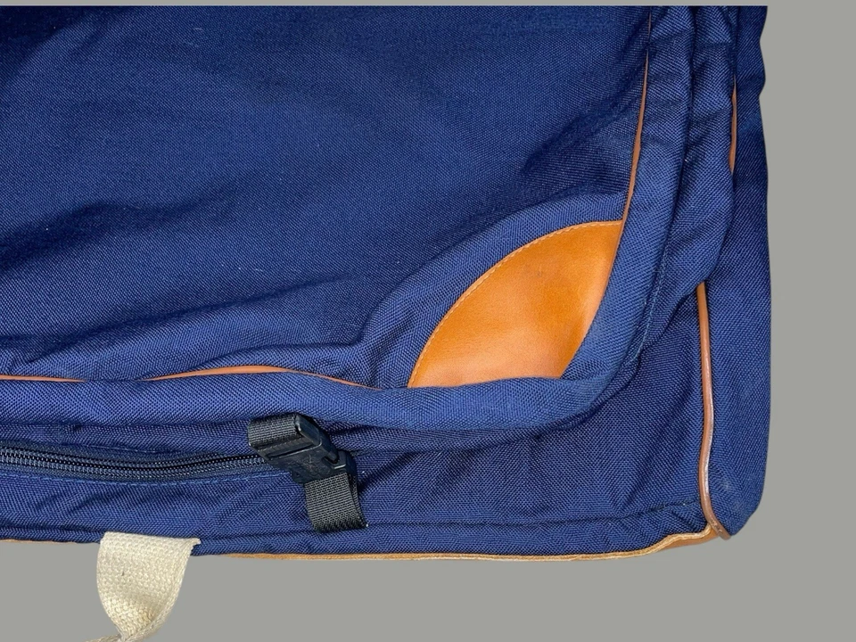 Vtg 80s LL Bean Cotton Canvas Leather Trim Garment Bag Navy Blue Luggage Tag EUC - Image 4 of 4