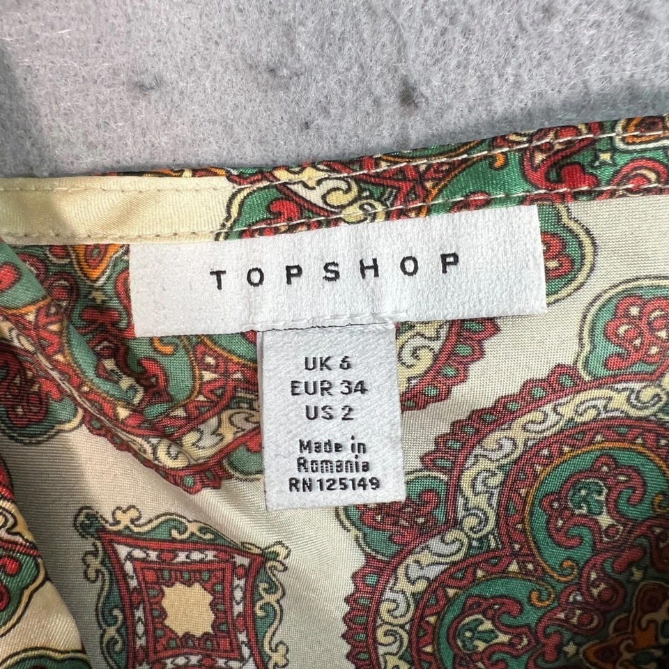 Vestido sin Mangas Topshop Mujer Talla 2 Estampado Paisley Satinado Beige y Rojo Estilo Boho Foto 3 de 4