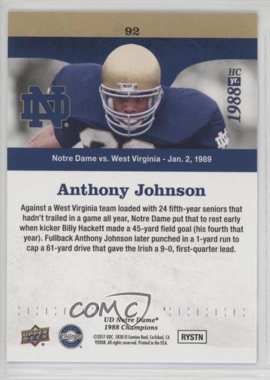 2017 Notre Dame 1988 Championship Gold Anthony Johnson Caps off 61 Yard Drive - Image 2 of 2