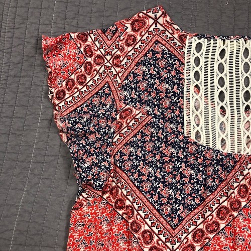 One World Live and Let Live Shirt Women 1X Red V Neck Asymmetrical Crochet Boho - Picture 17 of 24