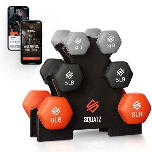SQUATZ 30 lb Neoprene Coated Dumbbell Set w/ Stand Grey Black and Orange