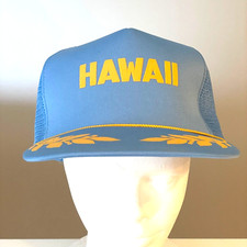 EUC Vintage 90's Hawaiian Headwear HAWAII Trucker Hat Snap Mesh Back Cap Blue