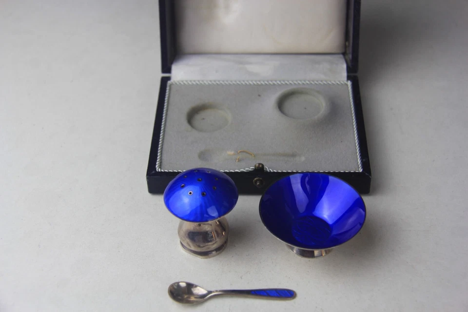 Ela Dinamarca Plata de Ley 925 Azul Esmaltado Sal Plato Champiñón Pimienta Coctelera Foto 3 de 4