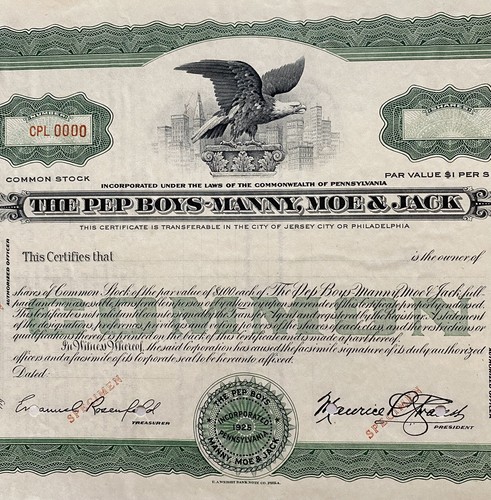 Specimen Stock Certificate for Pep Boys Manny Moe & Jack Philadelphia PA - Picture 3 of 6