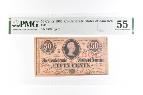 1863 50 Cents Confederate States Of America T-63 About Unc 55 PMG *7635 - Picture 1 of 3